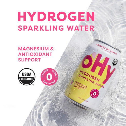 12 Pack (12oz oHy Hydrogen Sparkling Water Magnesium & Antioxidant Hydration, Zero Sugar, Zero Calories, Strawberry