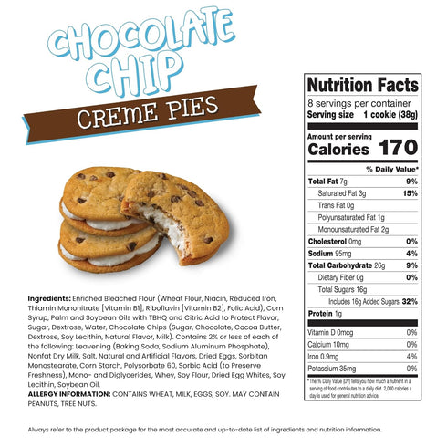 8 10.63 OZ Little Debbie Chocolate Chip Creme Pies, Individually Wrapped Sandwich Cookies, Box
