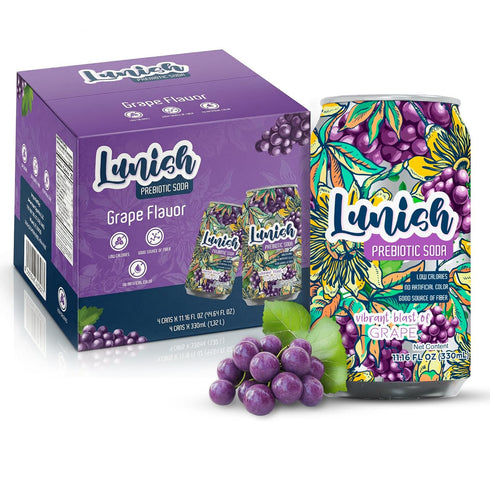 Lunish Prebiotic Soda Grape, Light & Refreshing Low Sugar Soda with 4g