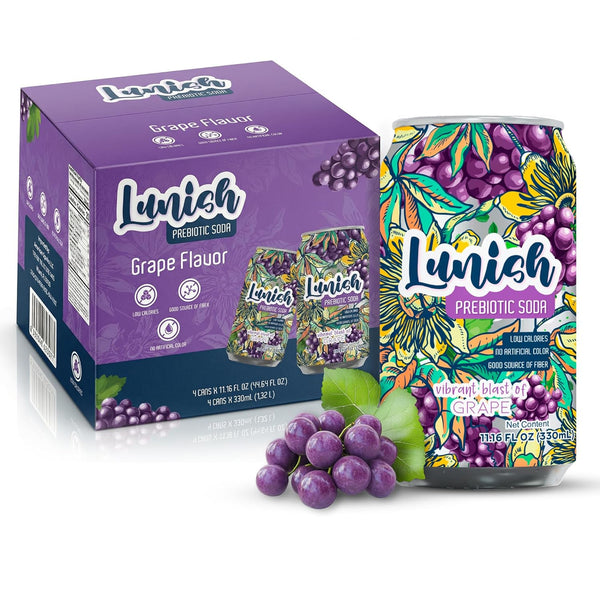 Lunish Prebiotic Soda Grape, Light & Refreshing Low Sugar Soda with 4g