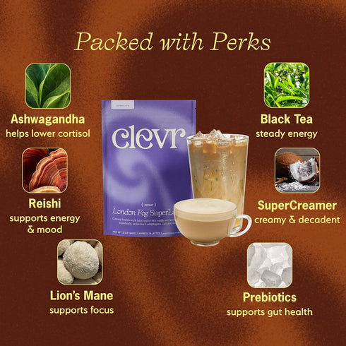 12 oz Clevr London Fog Latte, Vegan, Earl Grey Instant Tea Mix, Superfood Powder Blend with Black Tea, Reishi Mushroom