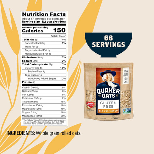 24oz (Pack 4) Quaker Gluten Free Old Fashioned Rolled Oats, Non GMO Project Verified, Resealable Bags