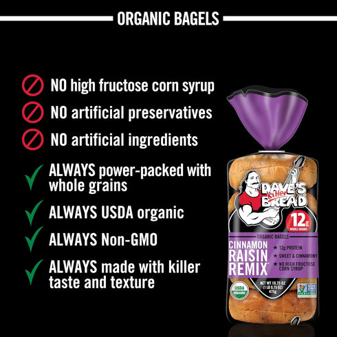 5 Count Dave's Killer Bread Cinnamon Raisin Remix Bagels, Organic Cinnamon Raisin Bagels