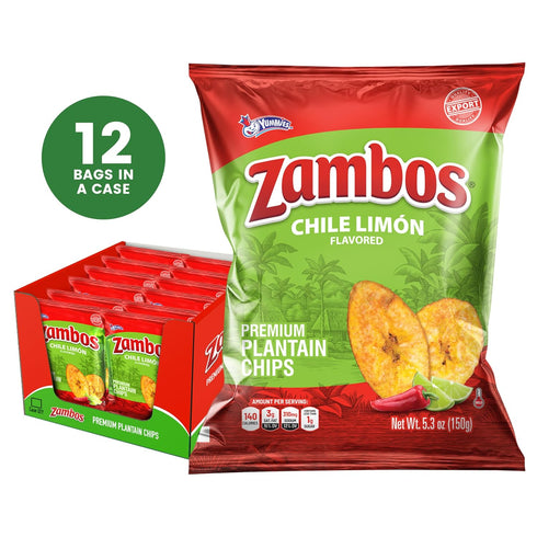 5.3 oz (Pack 12) Zambos Chile Limn Plantain Chips, Crunchy Snack, Gluten Free Bold Chili Lime Flavor