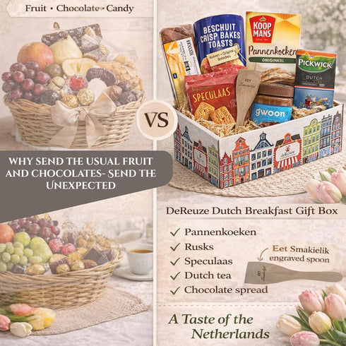 DeReuze European Breakfast Gift Basket with Dutch Pancake Mix Morning Tea Holland Rusk Toast Honey Cake and More Warm