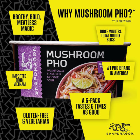 2.1 oz (6 Pack) Snapdragon Mushroom Pho Instant Noodle Bowls | Mushroom Flavor Broth with Rice Noodles | Gluten Free |
