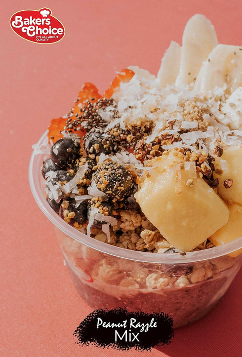 Baker's Choice 7 oz. Peanut Razzle Crunch Topping - Chocolate, Caramel, Butterscotch and Peanut Mix - Sprinkles for Ice