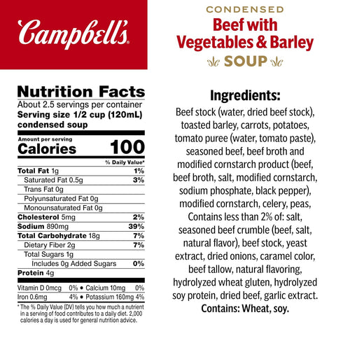 10.5 oz (Pack 4) Campbell's Condensed Beef Soup With Vegetables and Barley, Can