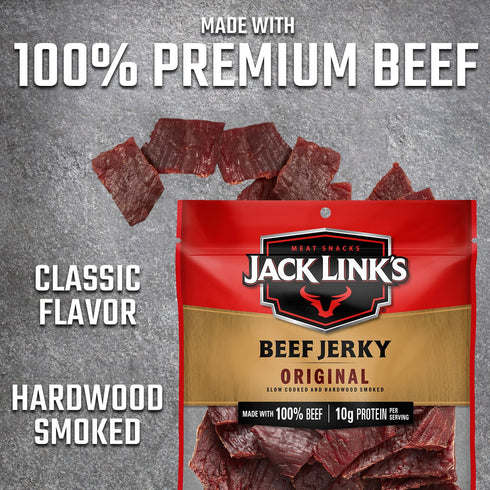10g 80 100% 2.85 Oz. Jack Link's Beef Jerky, Original Jerky Bag Flavorful Meat Snack, Ready to Eat Protein Snack