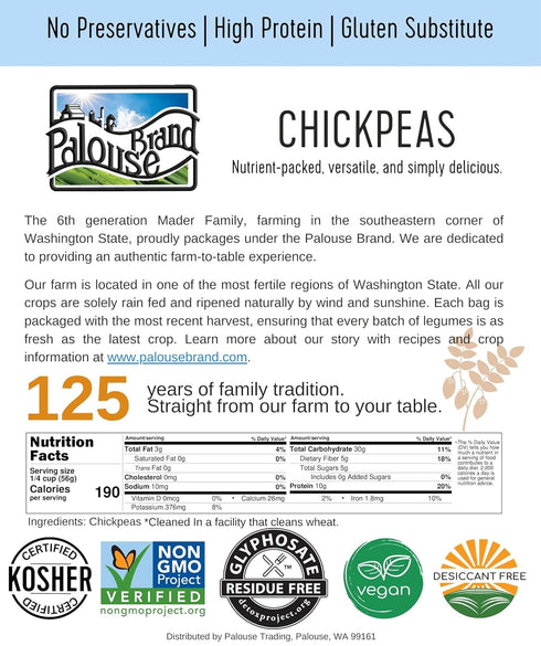 3 lbs Palouse Brand Certified Glyphosate Residue Free Chickpeas | Garbanzo Beans | | Family Farmed in Washington State