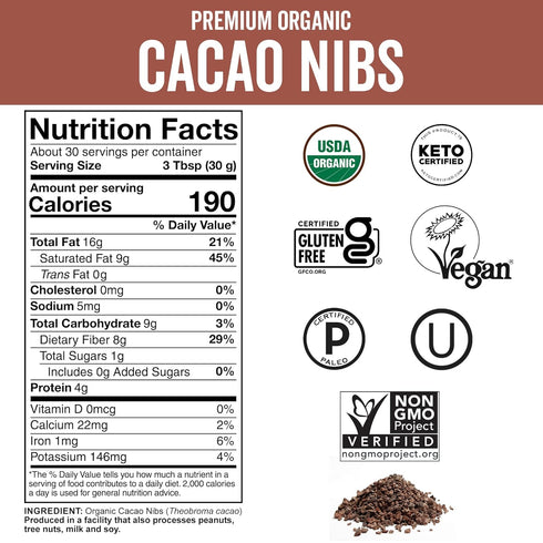 2 LB (907 Viva Naturals Organic Cacao Nibs, Unsweetened, g), Keto Friendly, Vegan, Non-GMO, Gluten-Free Chocolate Chip