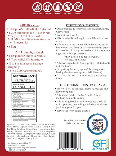 Country 8-9 Biscuits,13.5 oz. Mom's Place Gluten-Free Biscuit & Gravy Mix, Dairy Free, Nut Free & Soy Free Easy