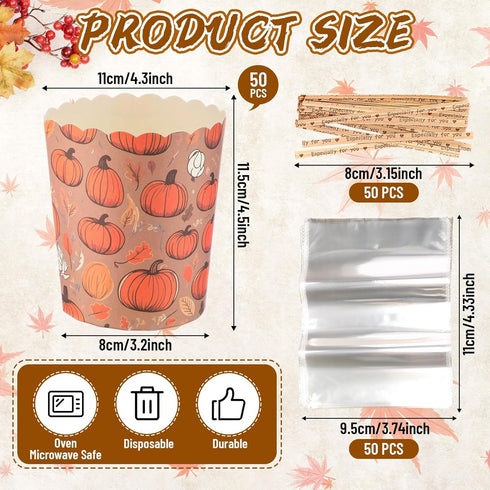 50 Sets 12oz Sets Potchen Fall Panettone Paper Mold Disposable Autumn Paper Bread Molds Baking Cake Pan with Clear