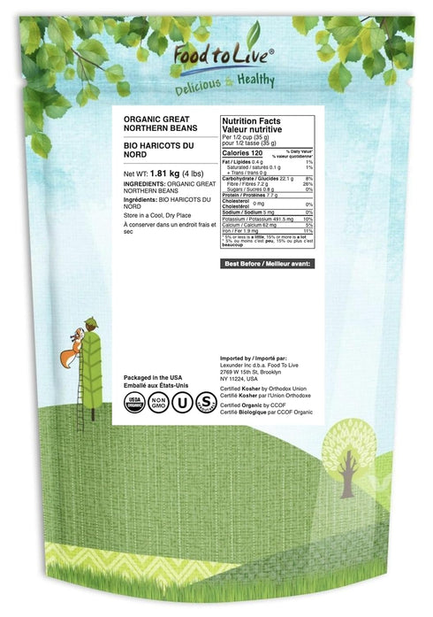 4 Food to Live Organic Great Northern Beans, Pounds Dried, Non-GMO, Kosher, Raw, Sproutable, Bulk Seeds, Product of the
