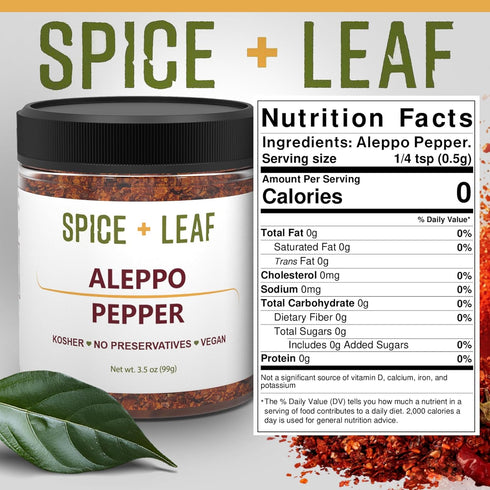 Premium Aleppo Pepper by SPICE + LEAF - Vegan Kosher Red Middle Eastern Mild Pepper Flakes, 3.5 oz