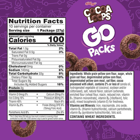 Packs 9.5oz (10 Kellogg's Cocoa Loops Go Cereal, Kids Snacks, Lunch Snacks, Original, Box Pouches)