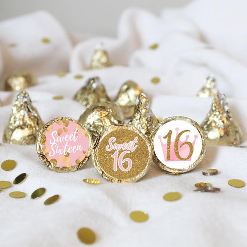 16 180 Count DISTINCTIVS Pink and Gold Sweet Birthday Party Favor Chocolate Kisses Candy Stickers, Sweet Sixteen
