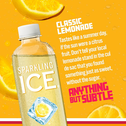 17 oz (Pack 24) Sparkling Ice, Classic Lemonade Sparkling Water, Zero Sugar Flavored Water, with Vitamins