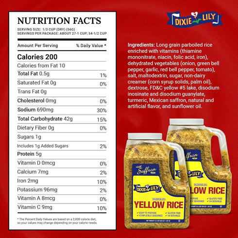 3.5lb Dixie Lily - Yellow Rice Dinner - Long Grain Parboiled With Vegetables, Turmeric, Mexican Saffron, Flavorful