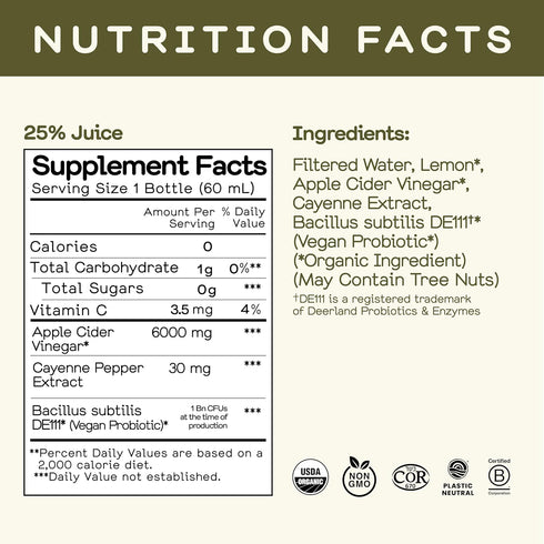 (2 Oz, Pack 12) Greenhouse Juice Organic Inside Job Wellness Shots, Cold Pressed Digestive Aid with Apple Cider