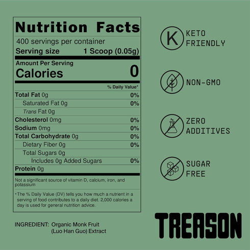 TREASON 100% 400 20g , Monk Fruit Extract Sweetener, Without Erythritol or Allulose, Keto Friendly, Non-GMO, Zero