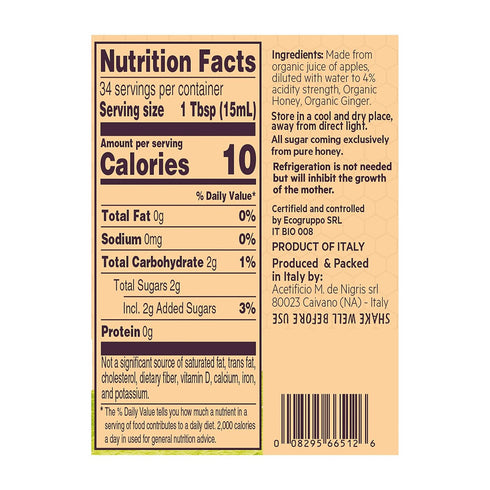 16,9 Oz (Pack 2) De Nigris Organic Apple Cider Vinegar With Honey & Ginger, Raw & Unfiltered of | Apple Cider Vinegar