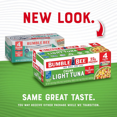 5 oz (Pack 8) 22g Bumble Bee Chunk Light Tuna In Oil, Cans of - Wild Caught Skipjack Tuna - Protein Per Serving - MSC