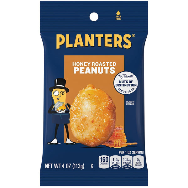 Planters Honey Roasted Peanuts, Party Snacks, Plant-Based Protein, 4 Oz Bag, 12
