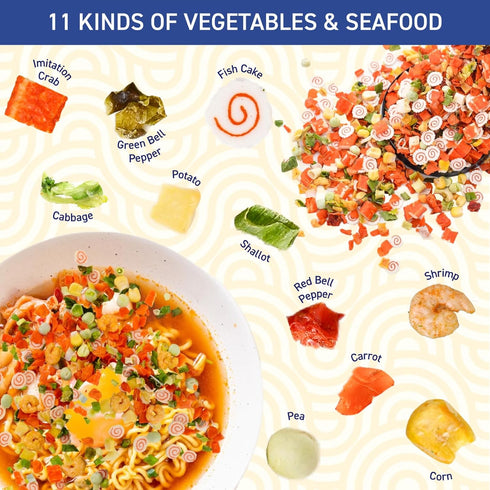 8oz 100% 11 Dehydrated Freeze Dried Seafood & Vegetable Mix - Natural Ramen Toppings for Soups, Mixed Dry Veggies