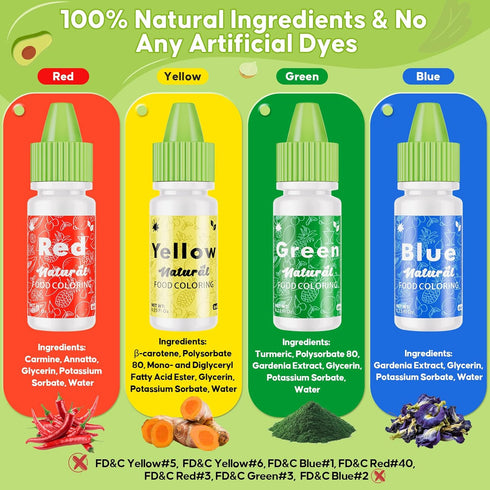 4 Set 0.25 oz (6 ml)/Bottles Natural Food Coloring - FD&C & Artificial Dye Free Formula Color Natural Food Dye