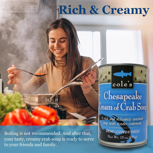 Pack 6 15 oz Coles - of Chesapeake Cream of Crab Soup - Premium Canned Fresh Crab Meat & Nutritious Semi Condensed