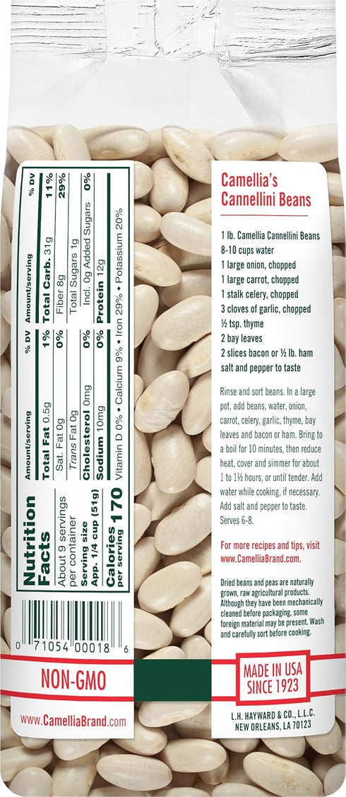 1 (Pack 2) Camellia Brand Dried Cannellini Beans Premium White Kidney Beans with Nutty Flavor, Non-GMO, Gluten-Free