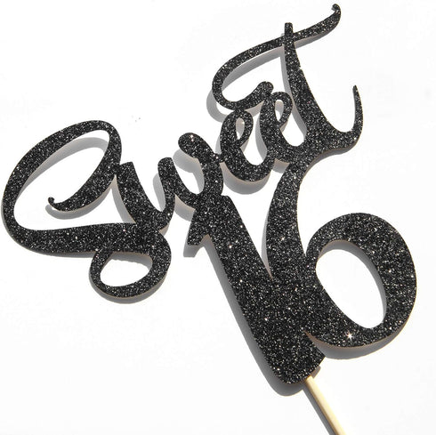Black Glitter Sweet 16 Cake Topper, Happy 16th Birthday Decor, Cheers to 16 Years, 16th Wedding Anniversary Supplies