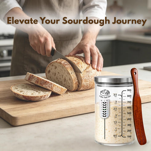 KitchenPal 34Oz Sourdough Starter Jar Kit with Date Band, Thermometer & Wooden Spurtle Glass Sourdough Starter
