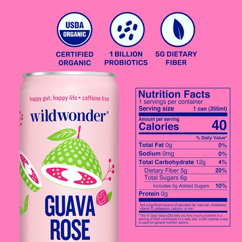 12pk, Immune 5 12 Pack, 12 Oz wildwonder Sparkling Probiotic Drink for Gut Health & Support, Guava Rose, G Prebiotic