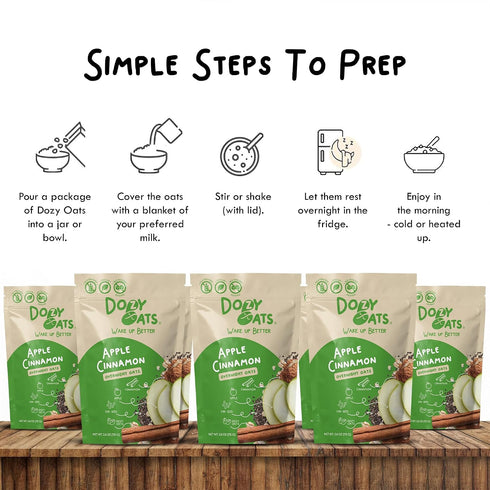 Dozy Packets, Multipack 12-Pack Oats Overnight Oatmeal Apple Cinnamon with Rolled Oats, Chia Seeds, Date Powder