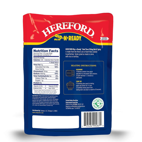 9g 6oz 12) Hereford Beef Taco Filling - Hot & Spicy | Shelf Stable | Halal | Fully Cooked | Ready-to-Eat | of Protein