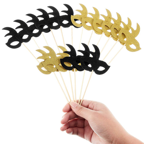 48 Pieces Masquerade Mask Cupcake Toppers, Black Gold Glitter for Bachelorette Party, Mardi Gras Cake Decorations