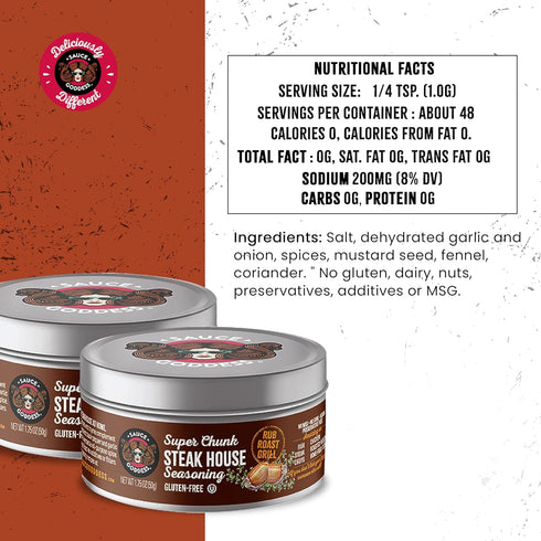 Sauce Goddess Super Chunk Steakhouse Spices - No Sugar, No Additives, Vegan Friendly, Gluten Free - 2 (1.75g) Tins