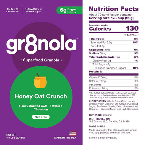 gr8nola 4.5lb HONEY OAT CRUNCH - Healthy, Low Sugar Bulk Granola Cereal - Made with Superfoods, Whole Oats, Honey