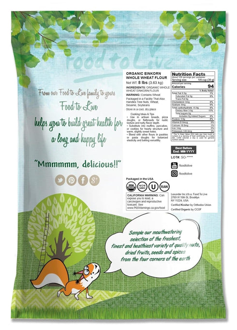 8 Food to Live Organic Einkorn Whole Wheat Flour, Pounds Finely Milled, Rich Fiber, Great for Baking Bread, Pizza