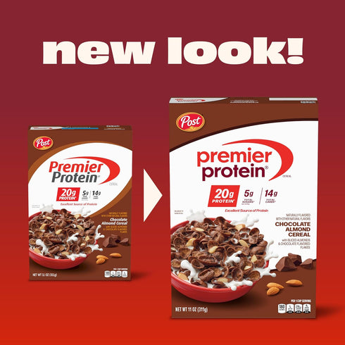 20g 30 OZ Post Premier Protein Chocolate Almond Cereal, Chocolatey Protein Cereal Flakes with Sliced Almonds, Contains
