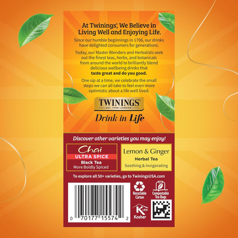 20 Count (Pack 1), 20 Twinings Chai Black Tea Individually Wrapped Bags, of Sweet, Savoury Spices, Caffeinated, Enjoy
