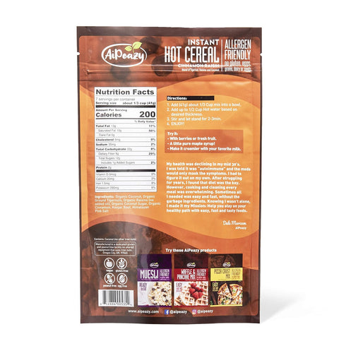 10.1 Package AiPeazy - Instant Hot Cereal - Cinnamon Raisin with Tigernut Flour - Non-GMO - No Gluten, Soy, Eggs