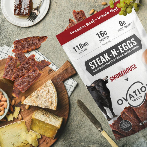 (26g 190 12oz (1 count) Ovation Foods Steak-N-Eggs Beef Strips, Zero Sugar, High-Protein Jerky premium protein), Gluten