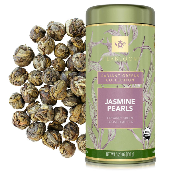 Teabloom Organic Green Tea, Jasmine Pearls Loose Leaf Tea, Captivating and Aromatic