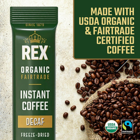 100 Packs Rex Coffee Organic Fairtrade Natural Decaf Freeze-Dried Instant Sticks Naturally Decaffeinated Arabica