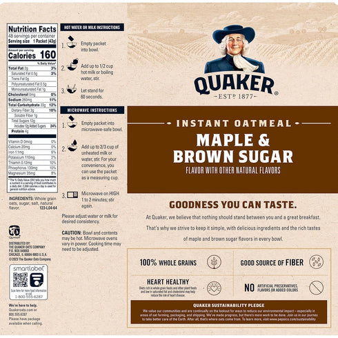 Packets, 1.51 (Pack 48) Quaker Instant Oatmeal, Maple & Brown Sugar, Individual Ounce