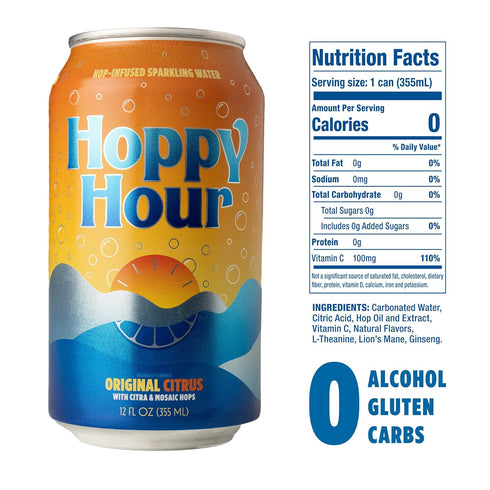 Hoppy Hour 12 oz (12-Pack) Sparkling Hop Water, Non-Alcoholic and Adaptogens Drink, Zero Sugar and Calories, Refreshing