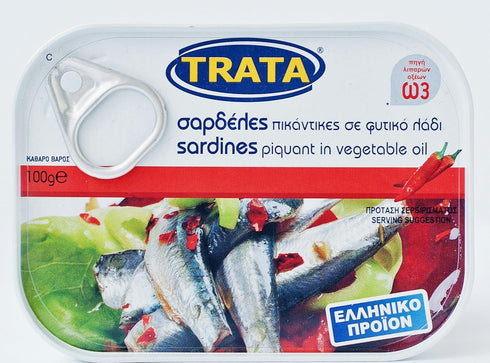 TRATA Greek Canned Sardeles From the Aegean Sea Sardines Piquant in Vegetable Oil